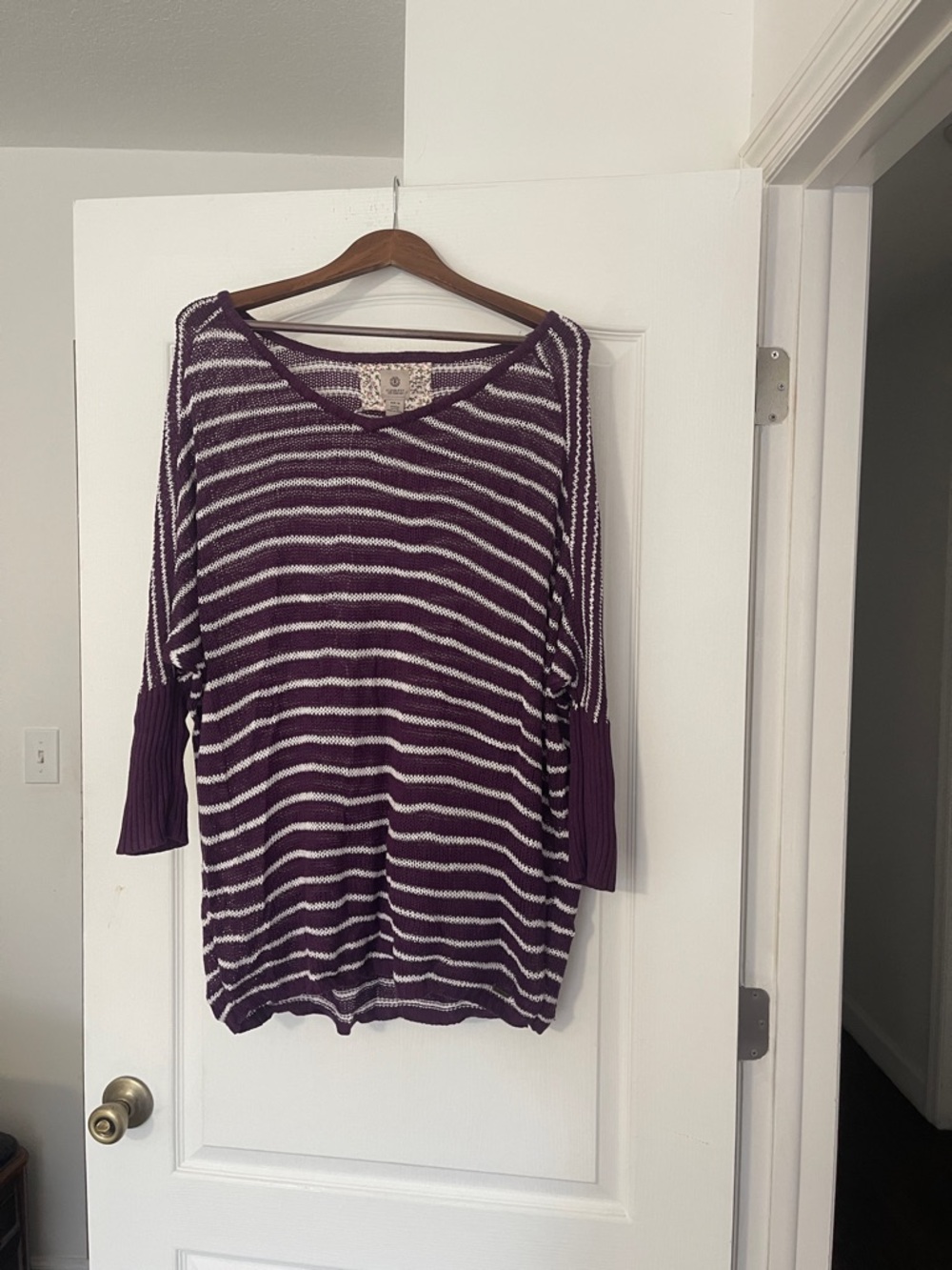 Element Striped V-Neck Dolman Sweater - Purple & White